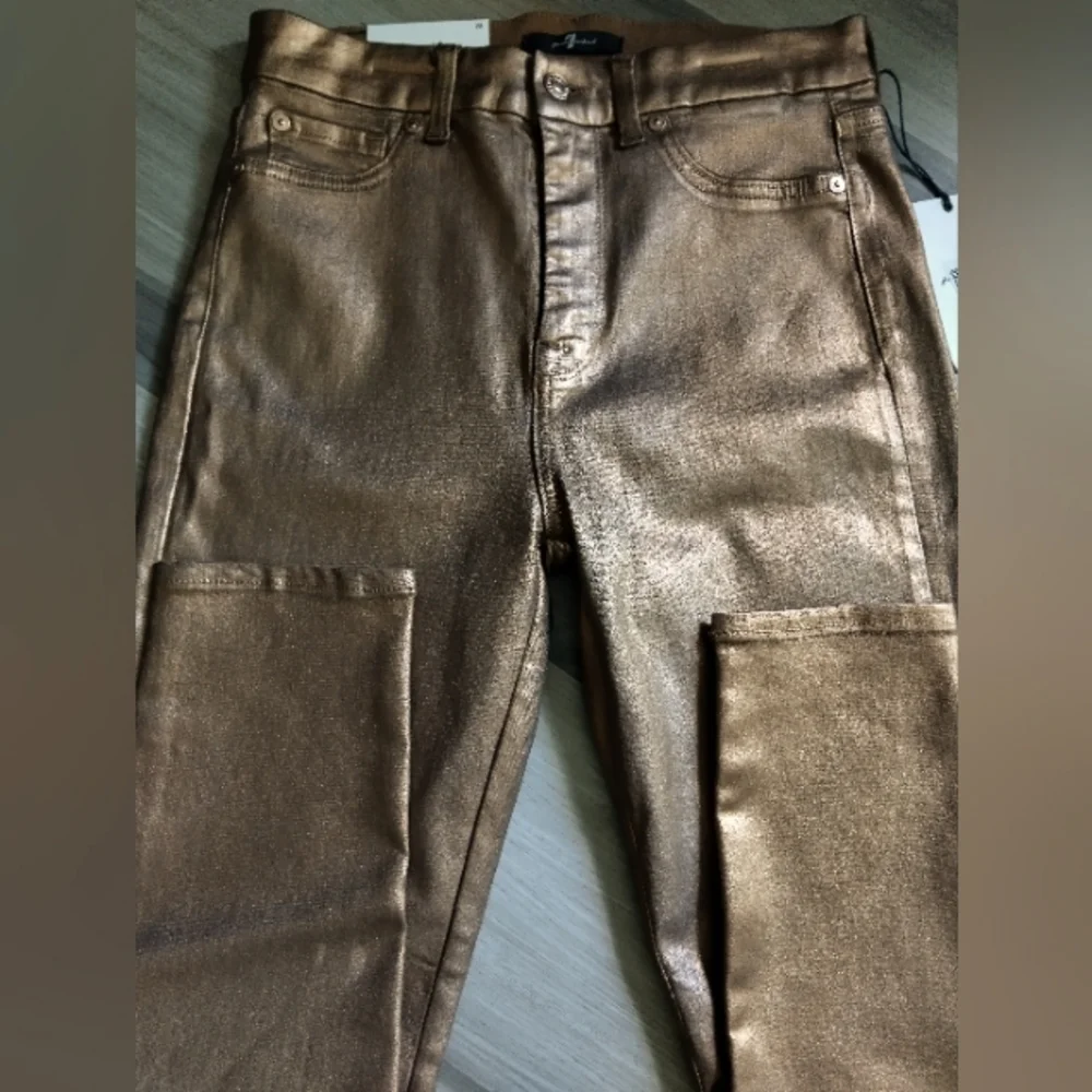 7 For All Mankind Metallic Gold High Waist Skinny Jeans - Picture 3 of 9